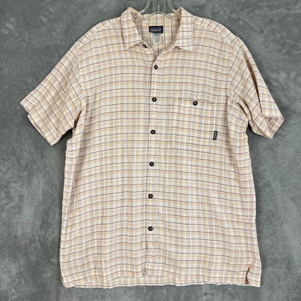 Patagonia A/C Short Sleeve Shirt Mens L Beige Plaid Casual Lightweight Outdoor